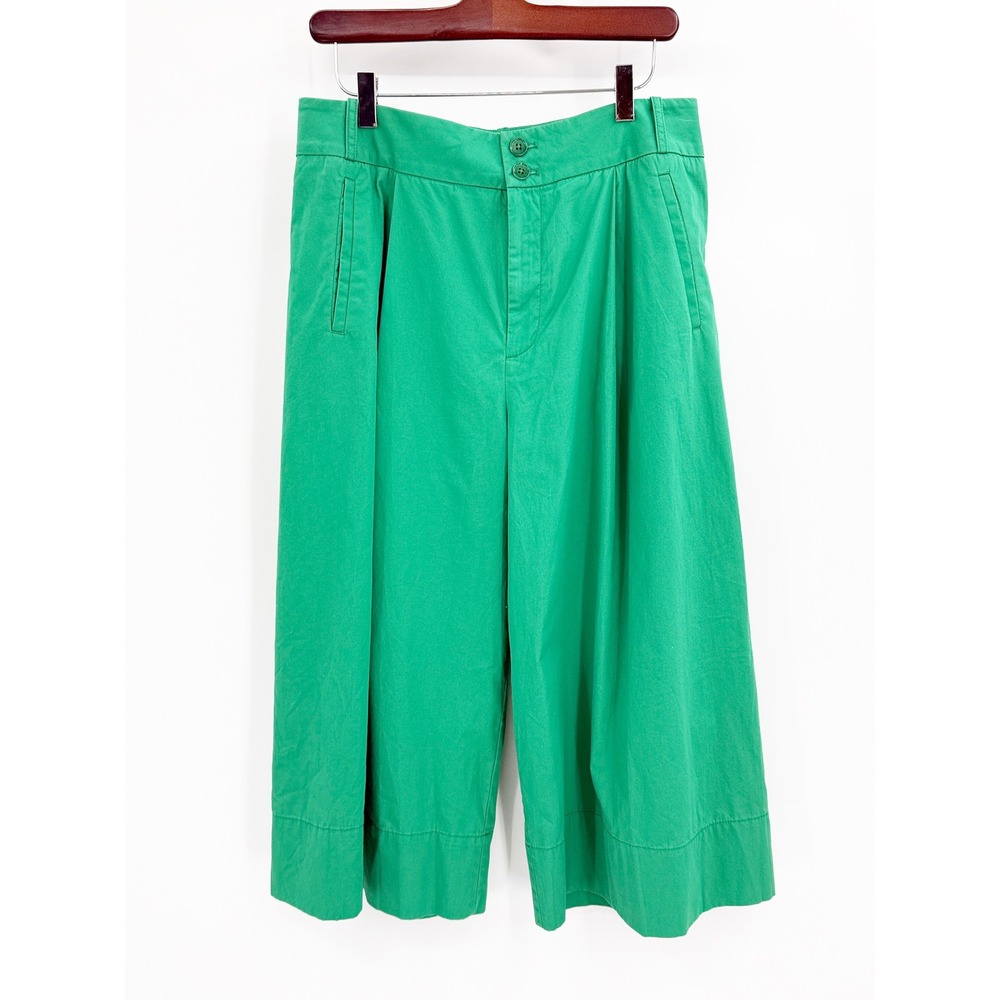 By Anthropologie Green Wide Leg Culotte Pants High Rise Cotton Cropped Size 10 - Picture 6 of 15